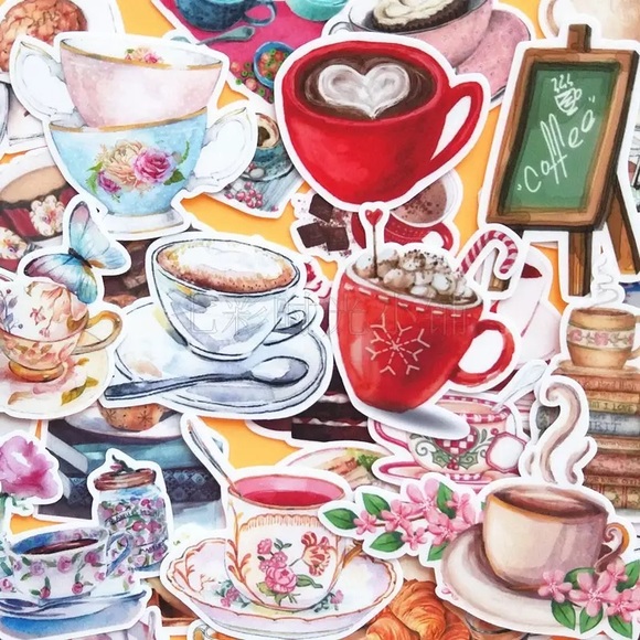 Other - Coffee and Tea Cafe, Beautiful Tea Cups, 19 Deco Stickers